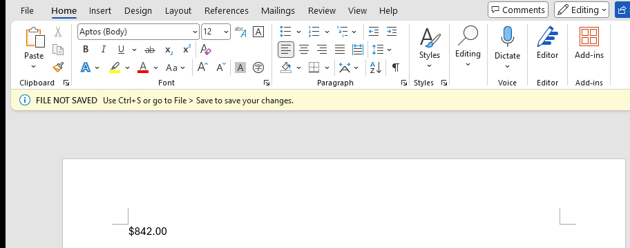 A Word document showing $842.00 pasted from the displayed text in cell E3.