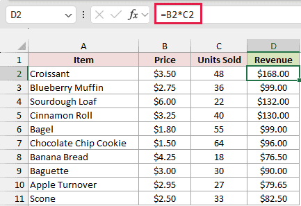 Bakery Sales has Revenue formulas restored in D2:D11, with =B2*C2 calculating the first item's revenue.
