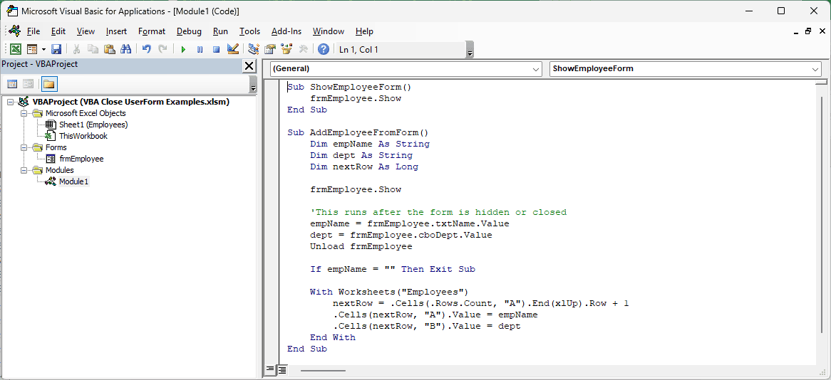 AddEmployeeFromForm in Module1 reading form values and unloading frmEmployee
