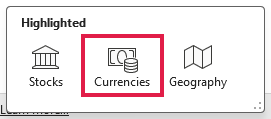 Currencies in the Data Types drop-down on the Data tab.