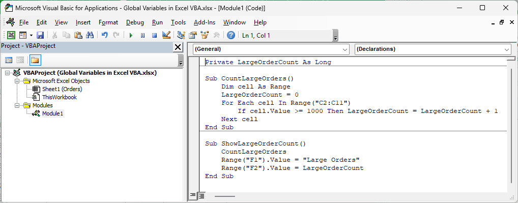 VBA editor shows Private LargeOrderCount shared by the CountLargeOrders and ShowLargeOrderCount macros in one module.