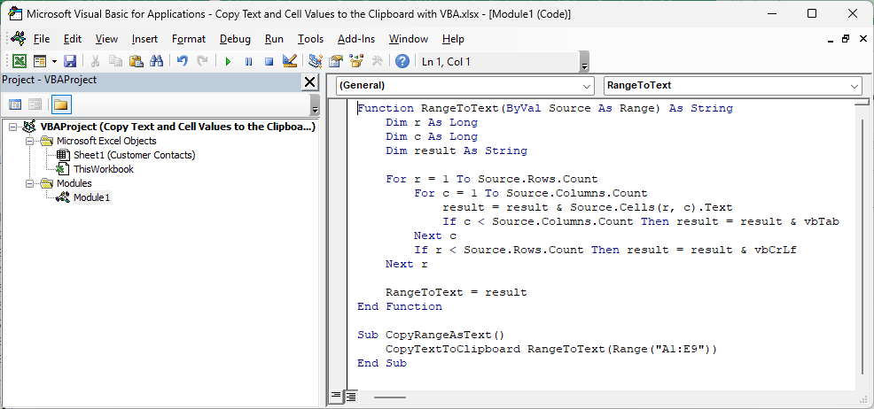 VBA editor showing RangeToText and CopyRangeAsText for copying A1:E9 as plain text.