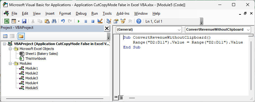 The VBA editor shows ConvertRevenueWithoutClipboard assigning the Revenue cells' calculated values back to the same cells.