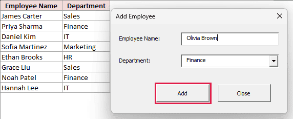 Olivia Brown and Finance entered in Add Employee with the Add button highlighted