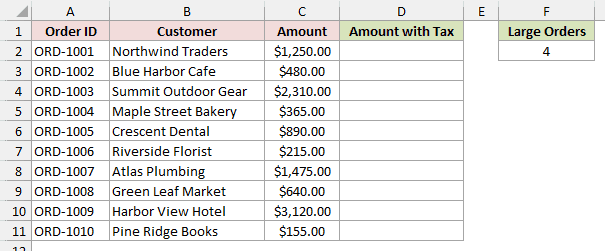The Orders sheet shows Large Orders in F1 and a count of 4 in F2.