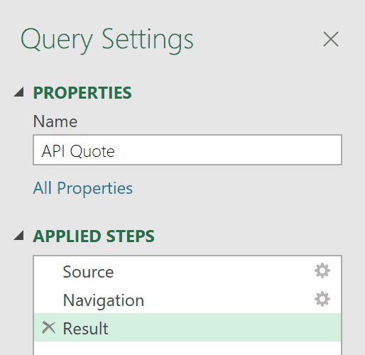 API Quote query name in the Query Settings pane.