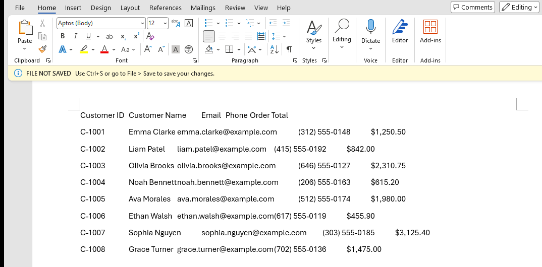 A Word document showing the nine rows of customer contacts pasted as plain text with tabs between columns.