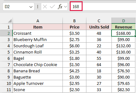 Revenue contains plain values, with D2 showing 168 in the formula bar and no moving border visible.