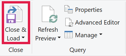 Close & Load command in the Power Query Editor.