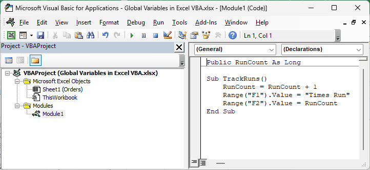 VBA code declares Public RunCount and shows TrackRuns adding one before writing the count to F2.