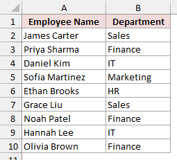 Employees sheet with Olivia Brown and Finance added in row 10