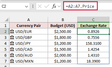 =A2:A7.Price returns the current exchange rate for each pair.