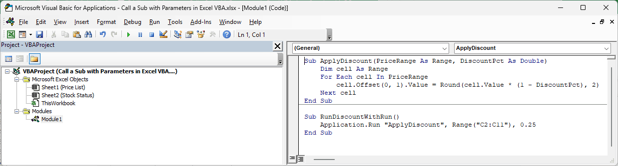 RunDiscountWithRun calls ApplyDiscount through Application.Run, passing the price range and a 25 percent discount.