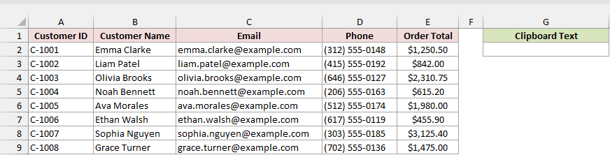 Customer Contacts sheet with G2 empty below the Clipboard Text header.