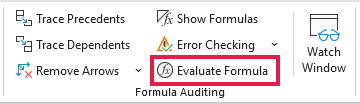 The Formulas tab displays the highlighted Evaluate Formula button in the Formula Auditing group.