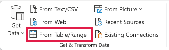 From Table/Range opens the selected Excel Table in Power Query Editor.