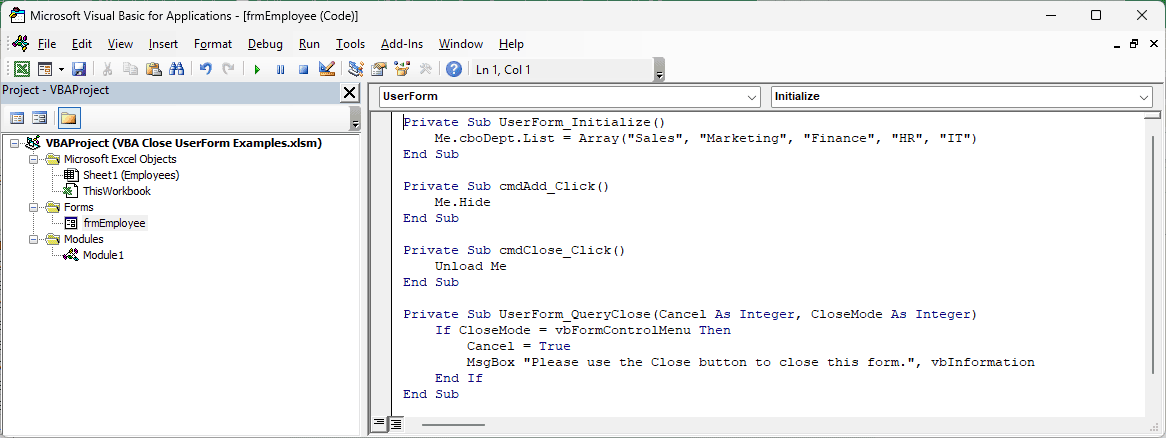 frmEmployee QueryClose code blocking the X button and displaying a message