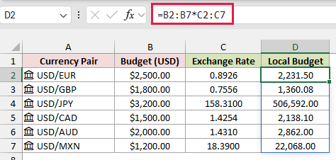 =B2:B7*C2:C7 converts each budget to the local currency.