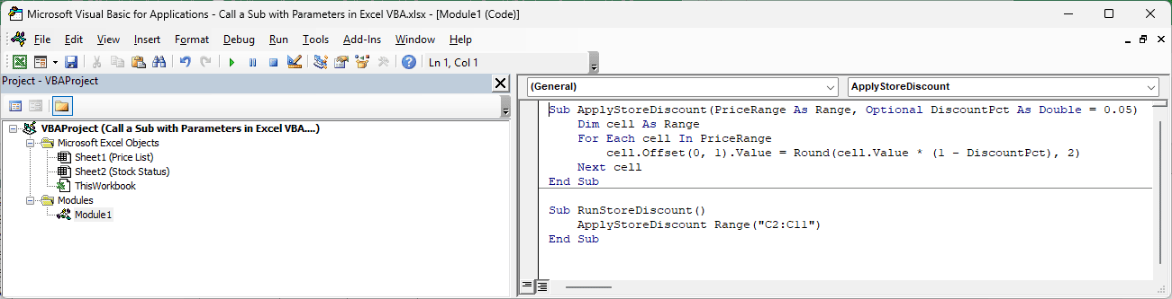 ApplyStoreDiscount declares Optional DiscountPct with a default value of 0.05 in the VBA editor.