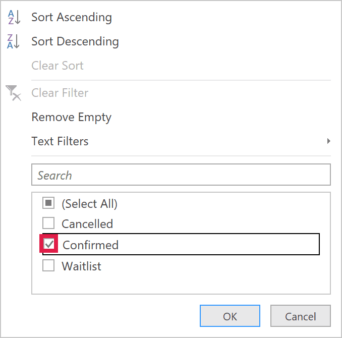 The Status dropdown keeps Confirmed registrations after filtering for Pottery.