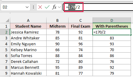 The formula bar shows =170/2 after F9 replaces (B2+C2) with its calculated value for D2.