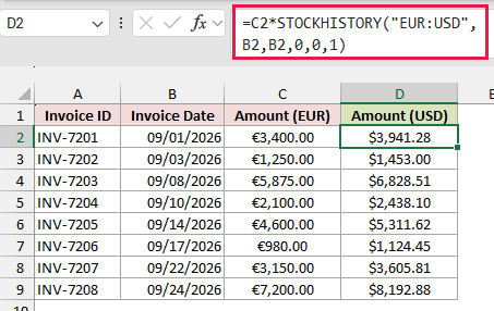STOCKHISTORY returns the EUR:USD close on each invoice date.