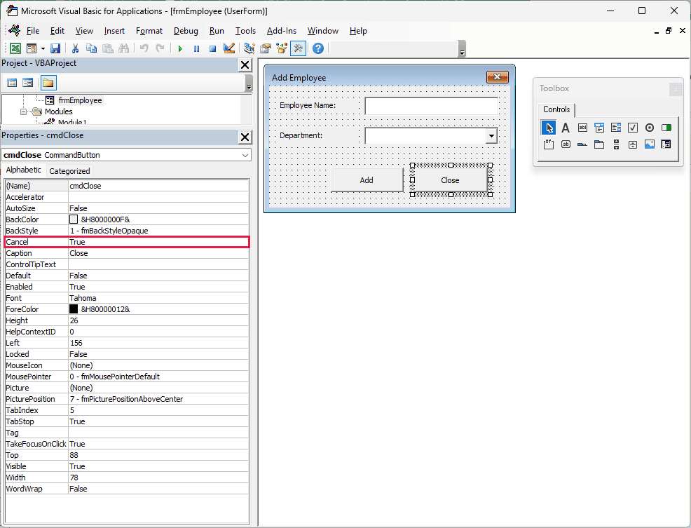 Properties window for cmdClose with Cancel set to True