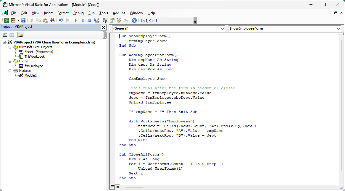 CloseAllForms in Module1 looping backwards through the loaded UserForms