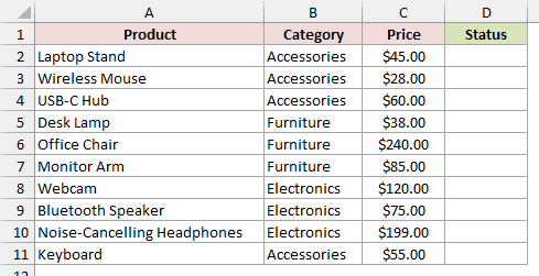The Stock Status worksheet lists products, categories and prices beside an empty Status column.