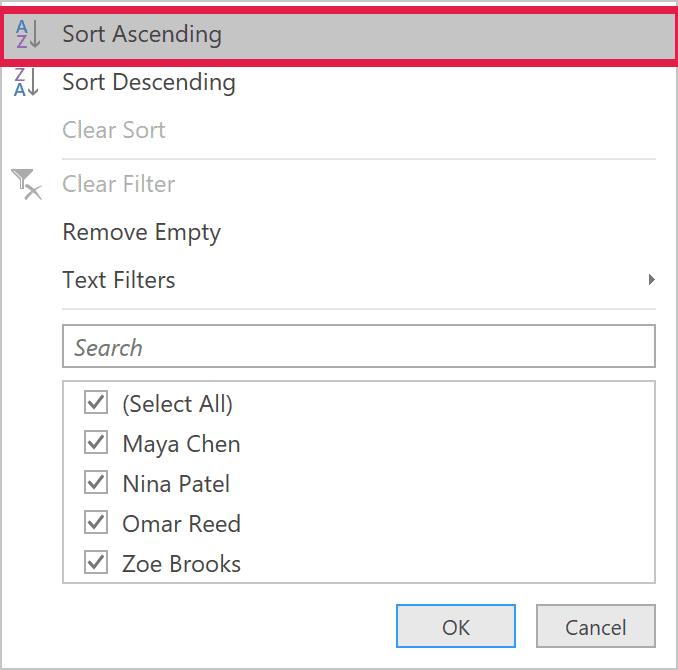 Sort Ascending alphabetizes the distinct Participant values.