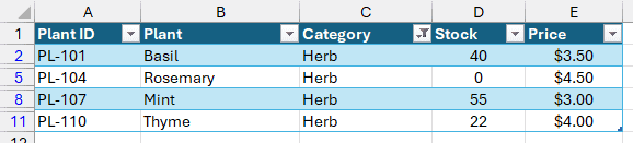 tblPlants filtered to show only Basil, Rosemary, Mint, and Thyme herbs