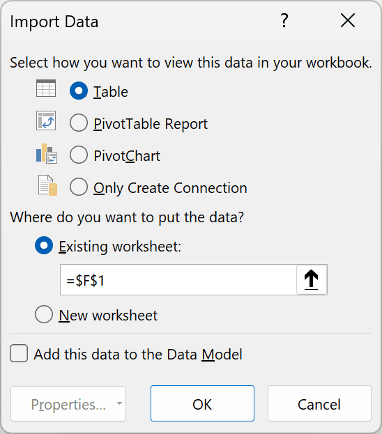Import Data is configured to load a Table at F1 on the existing worksheet.