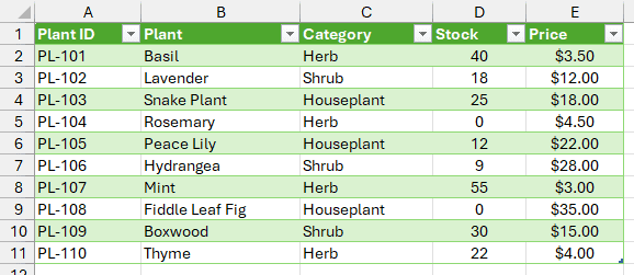 tblPlants table using TableStyleMedium7 with a green header and light green banded rows