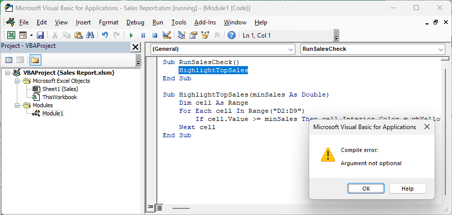 VBA shows the Argument not optional compile error with HighlightTopSales highlighted.