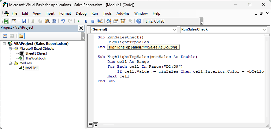 Quick Info shows HighlightTopSales with its required minSales As Double parameter.