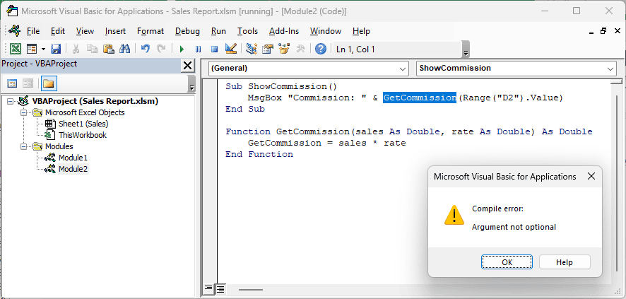 VBA highlights GetCommission in a call that supplies sales but leaves out the required rate.