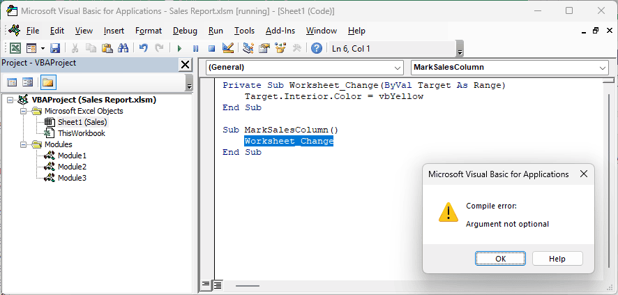 VBA highlights Worksheet_Change in the Sheet1 (Sales) module because the call leaves out Target.