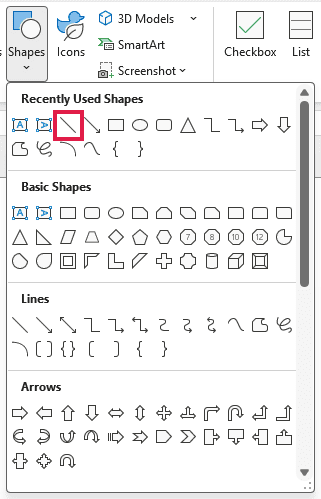 Excel Insert tab Shapes gallery with the Line shape boxed in red under Recently Used Shapes.