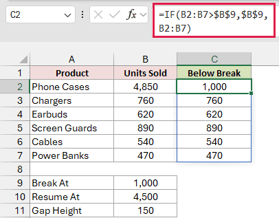 The Below Break helper column is filled, with its IF formula visible in the formula bar.