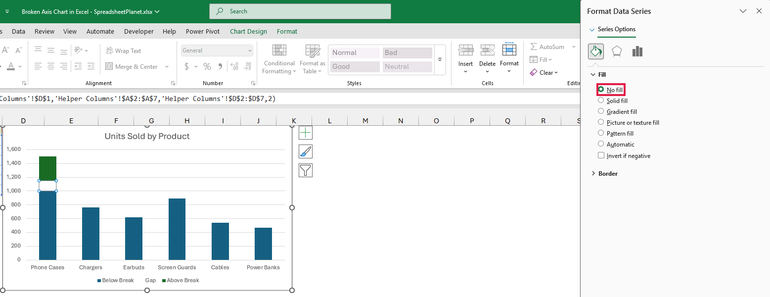 The Format Data Series pane has No fill selected, leaving the Gap series empty.