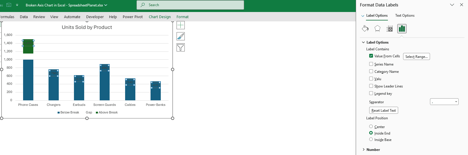 The Format Data Labels pane enables Value From Cells, disables Value, and selects Inside End.