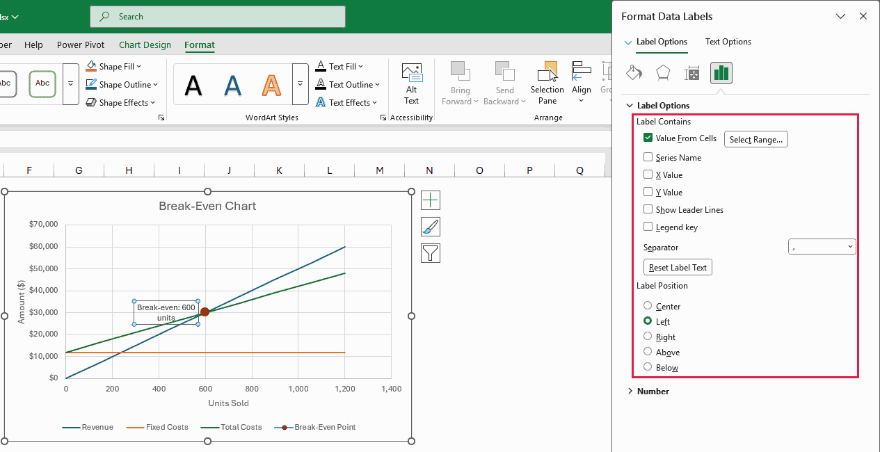 Format Data Labels has Value From Cells checked, X Value and Y Value unchecked, and Label Position Left.