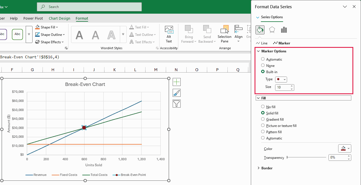 Format Data Series shows a red Built-in circle marker, Size 10, with Solid fill under Fill & Line.