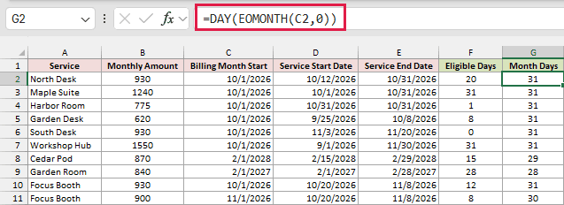 DAY and EOMONTH return the actual number of days in each billing month.