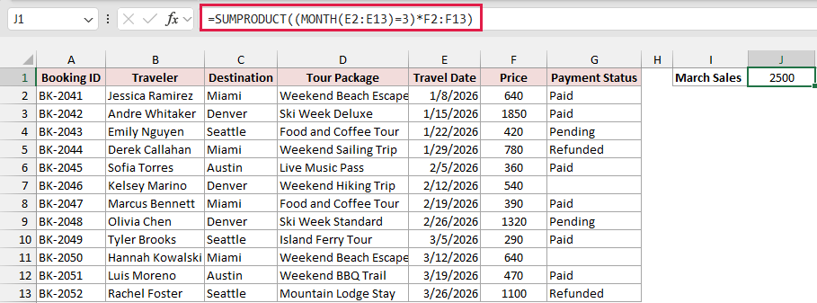 SUMPRODUCT formula in J1 adding March prices using MONTH