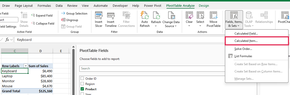 Fields, Items, & Sets menu with Calculated Item highlighted and Keyboard selected in the PivotTable