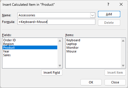 Insert Calculated Item in Product dialog with Accessories as the name and =Keyboard+Mouse as the formula
