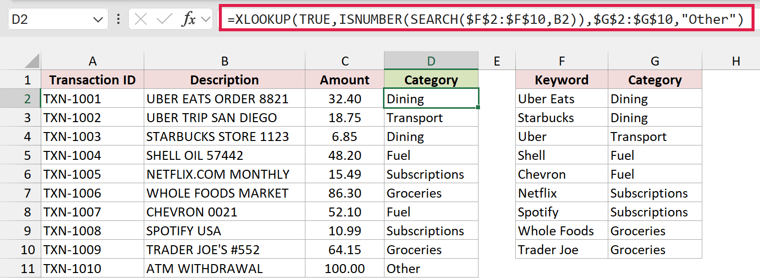 A red box highlights XLOOKUP with ISNUMBER and SEARCH in Excel, with categories in column D and Other for the ATM row.