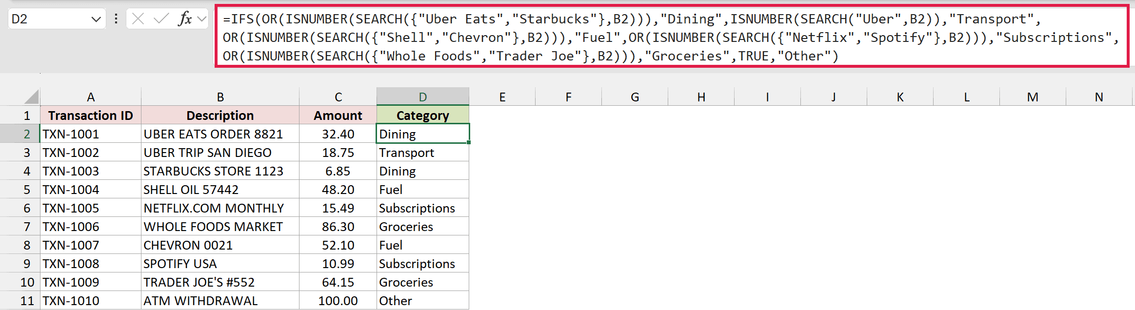 A red box highlights an IFS formula with typed keywords such as Uber Eats and Shell, with categories filled in column D.