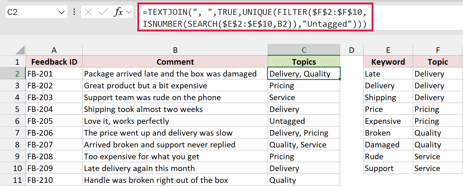 A red box highlights TEXTJOIN with UNIQUE and FILTER in Excel, with topics including Delivery, Quality and Untagged.